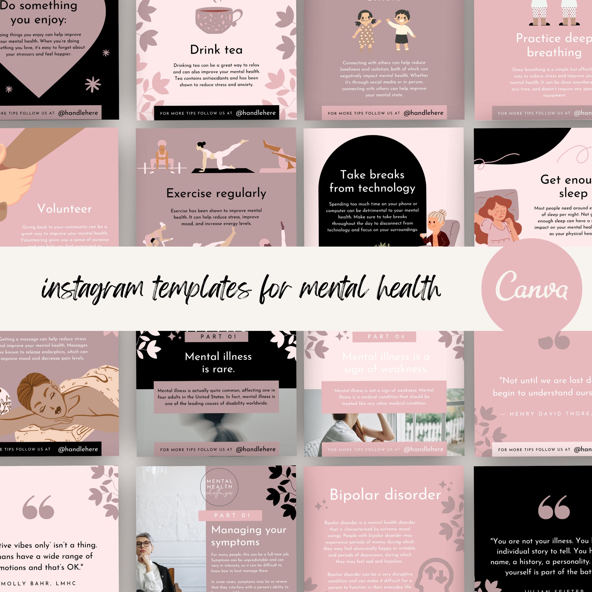 Mental Health Instagram Canva Bundle, Pastel, Templates for Canva, Grey ...