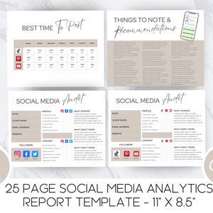 May include: A 25-page social media analytics report template in a light brown and white color scheme. The template includes sections for best time to post, social media audit, and things to note and recommendations. The template is designed for use with Canva.