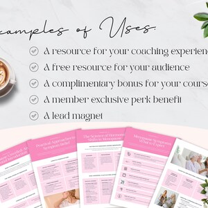 May include: Five pink and white printable guides with titles including "Menopause Unveiled", "Practical Approaches to Symptom Relief", "The Science of Hormone Shifts in Menopause", "Menopause Symptoms What to Expect" and "Menopause Symptoms What to Expect".