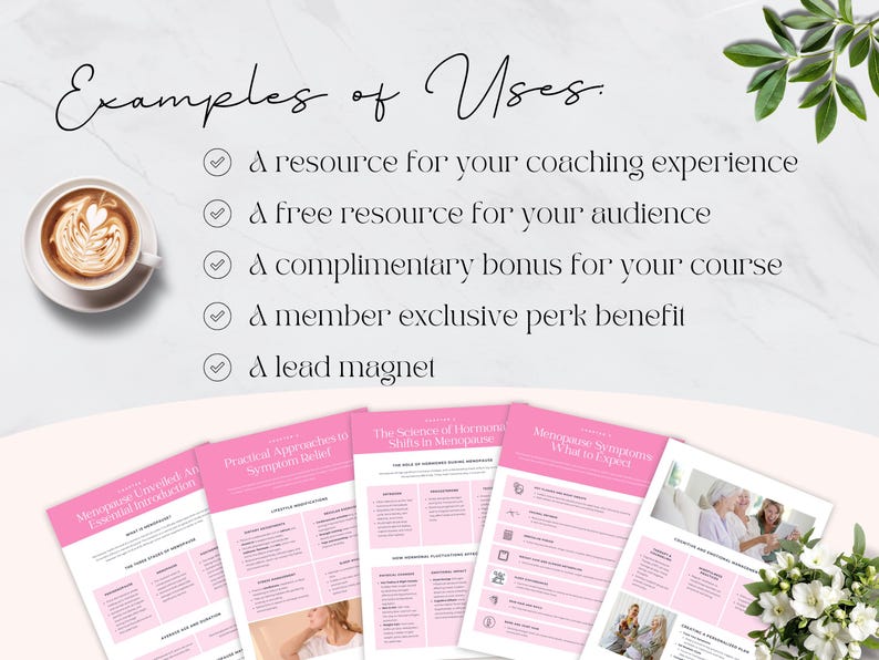 May include: Five pink and white printable guides with titles including "Menopause Unveiled", "Practical Approaches to Symptom Relief", "The Science of Hormone Shifts in Menopause", "Menopause Symptoms What to Expect" and "Menopause Symptoms What to Expect".