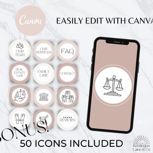 May include: A digital design featuring a smartphone displaying a scale icon, surrounded by 12 circular icons with law-related graphics and text. The design includes the text "EASILY EDIT WITH CANVA" and "BONUS! 50 ICONS INCLUDED".