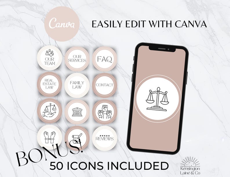 May include: A digital design featuring a smartphone displaying a scale icon, surrounded by 12 circular icons with law-related graphics and text. The design includes the text "EASILY EDIT WITH CANVA" and "BONUS! 50 ICONS INCLUDED".