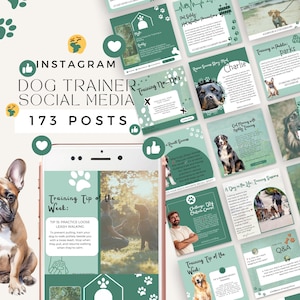 May include: A collage of social media posts for a dog trainer. The posts feature tips on training dogs, success stories, and a day in the life of a dog trainer. The text on the posts includes "Training Tip of the Week", "Practice Loose Leash Walking", "Training No-No's", "Mistakes Training Your Dog", "Get Morning with Agility Training", "A Day in the Life: Training Success", "Training in Public Parks", "Before and After", "Q&A", "Challenge:  Obedience Course", "Real Success", "Pet Safety: Hot Weather Precautions", "Charlie", "Dog Trainer Social Media", "173 Posts".