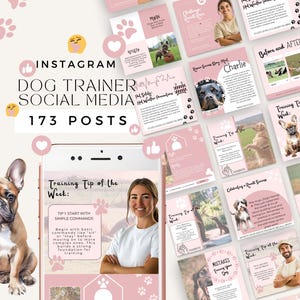May include: A pink and white Instagram post template for dog trainers. The post features a dog trainer with a French Bulldog, a dog wearing a muzzle, and a dog trainer with a Dachshund. The text on the post reads "Training Tip of the Week: Tip: Start with Simple Commands".