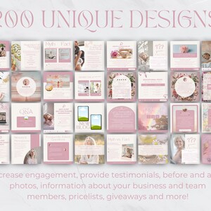May include: A collection of 200 unique social media designs in shades of pink and white. The image includes various templates for posts, with text that reads "Increase engagement, provide testimonials, before and after photos, information about your business and team members, pricelists, giveaways and more!"