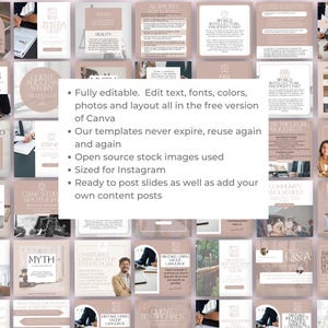May include: A collection of social media templates in shades of beige and white, featuring text and images related to legal topics. The templates are fully editable in Canva, sized for Instagram, and ready to post. The text includes phrases like "Legal Issues" and "Myth".