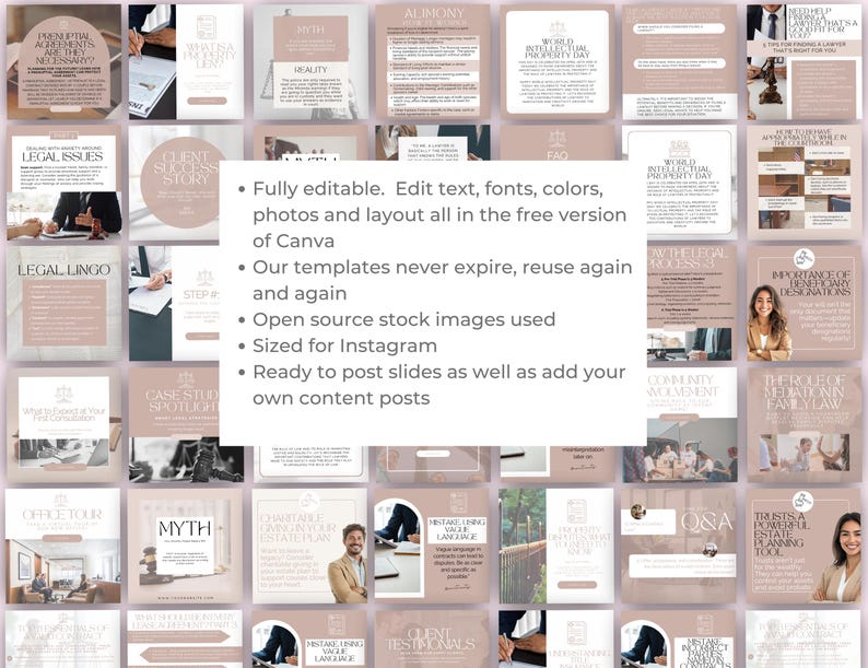 May include: A collection of social media templates in shades of beige and white, featuring text and images related to legal topics. The templates are fully editable in Canva, sized for Instagram, and ready to post. The text includes phrases like "Legal Issues" and "Myth".