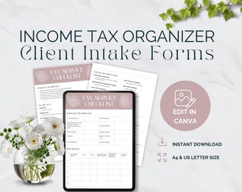 Lista de verificación de declaración de impuestos, Organizador de preparación de impuestos, Guía de deducciones fiscales, Plantilla de impuestos, Rastreador de declaración de impuestos, Lista de impuestos, Formulario de admisión de clientes de impuestos sobre la renta
