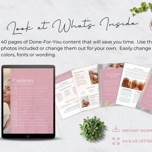 May include: A digital product mockup featuring a tablet displaying a pink-themed document with the word "Contents" on the screen. Several open pages with similar designs are arranged around the tablet, along with a cup of coffee and a small plant. The text reads "A Look at What's Inside."