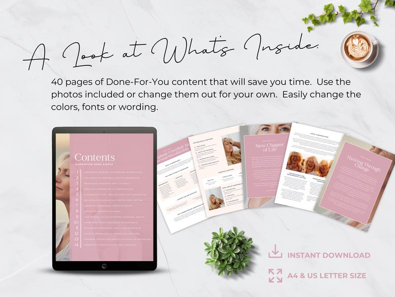 May include: A digital product mockup featuring a tablet displaying a pink-themed document with the word "Contents" on the screen. Several open pages with similar designs are arranged around the tablet, along with a cup of coffee and a small plant. The text reads "A Look at What's Inside."