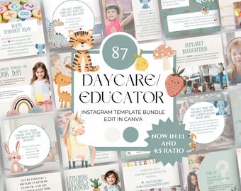 Puede incluir: Un conjunto de 87 plantillas de Instagram para guarderías y educadores. Las plantillas presentan ilustraciones coloridas de animales, arcoíris y otros diseños caprichosos. El texto en las plantillas incluye frases como "Math Through Play", "Magical Journey on Book Day", y "Exploring Nature's Wonders".