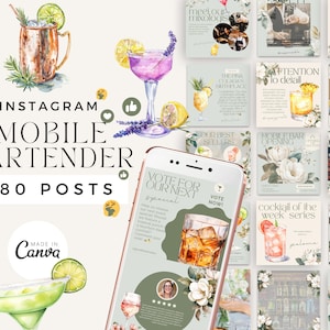 Mobile Bar Instagram Vorlagen, Barkeeper Social Media Posts, Canva Vorlagen für mobile Barkeeper, Event Mobile Bar, Hochzeitsgetränkekarte