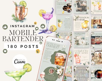 Puede incluir: Un conjunto de plantillas de publicaciones de Instagram para un servicio de bar móvil. Las plantillas presentan ilustraciones de acuarela de cócteles, flores y herramientas de bar. El texto en las plantillas incluye "Instagram Mobile Bartender", "180 Posts", "Vota por nuestro próximo especial", "Cóctel de la semana", y "Hecho con Canva".