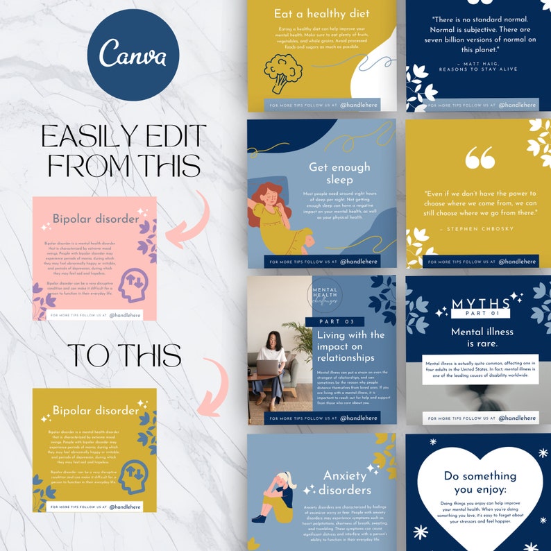 Mental Health Instagram Canva Bundle, Instagram Templates Canva Navy ...