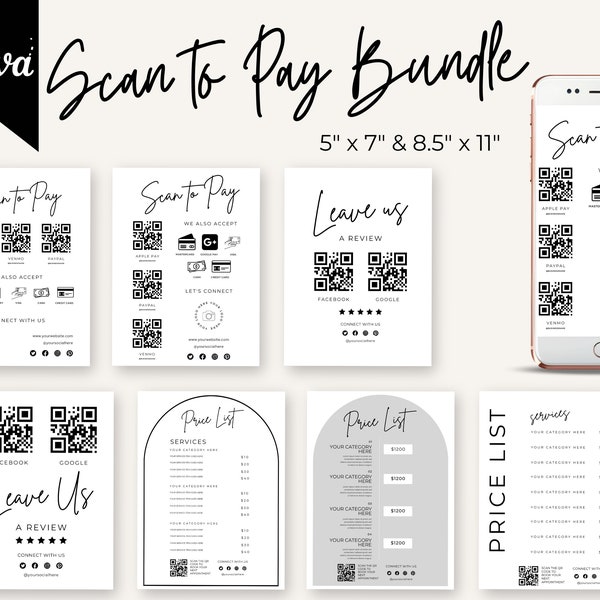 Scan To Pay Canva Template, Scan To Pay Sign File, Scan To Pay And Price List Template, QR Code, Editable, Bundle Price List, Salon, KL10