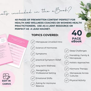 May include: A pink and white digital download ebook cover with a checklist of topics covered, including Menopause Unveiled Intro, Science of Hormones, Symptoms, Practical Symptom Relief, Long-term Wellness, Navigating in Professional Setting, Emotional Shifts, Eating for Hormone Balance, Sleep Challenges, Friendship, Family & Menopause, Holistic Approaches, Hormone Therapy, Menopause Across Cultures, and Physical Activity. The cover also includes a 40-page eBook title and a photo of a woman.