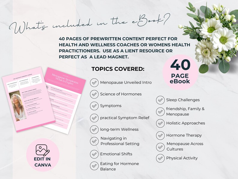 May include: A pink and white digital download ebook cover with a checklist of topics covered, including Menopause Unveiled Intro, Science of Hormones, Symptoms, Practical Symptom Relief, Long-term Wellness, Navigating in Professional Setting, Emotional Shifts, Eating for Hormone Balance, Sleep Challenges, Friendship, Family & Menopause, Holistic Approaches, Hormone Therapy, Menopause Across Cultures, and Physical Activity. The cover also includes a 40-page eBook title and a photo of a woman.