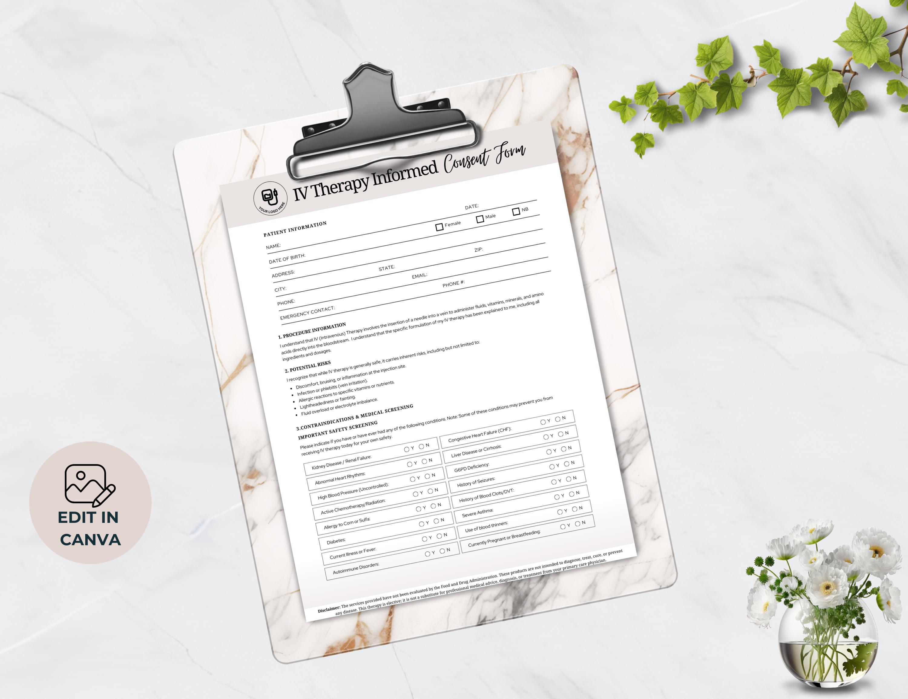 IV Therapy Intake Form, Editable IV Consent Template, Intravenous ...