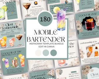 Puede incluir: Una colección de 180 plantillas de Instagram para barmans móviles. Las plantillas presentan ilustraciones de acuarela de cócteles, diseños florales y superposiciones de texto. El texto incluye frases como "Cóctel del mes", "Artesanía en su máxima expresión" y "El significado de 'Puro'".