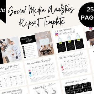 May include: A black and white social media analytics report template with 25 pages. The template includes sections for audience breakdown, social media insights, top performing Instagram posts, and an overview of the last 30 days.