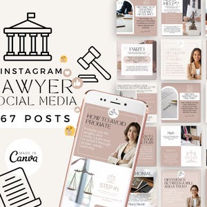May include: A digital marketing set for lawyers, featuring Instagram posts with a neutral color palette. The design includes graphics of a courthouse, gavel, and scales of justice, with the text "Instagram Lawyer Social Media 167 Posts" and "Made in Canva."