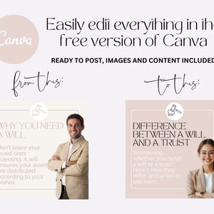 May include: A digital marketing graphic with the Canva logo and text that reads, "Easily edit everything in the free version of Canva." The graphic shows before and after examples of legal documents, including a will and a trust.