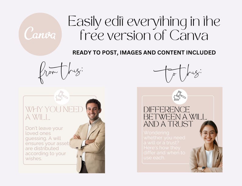 May include: A digital marketing graphic with the Canva logo and text that reads, "Easily edit everything in the free version of Canva." The graphic shows before and after examples of legal documents, including a will and a trust.