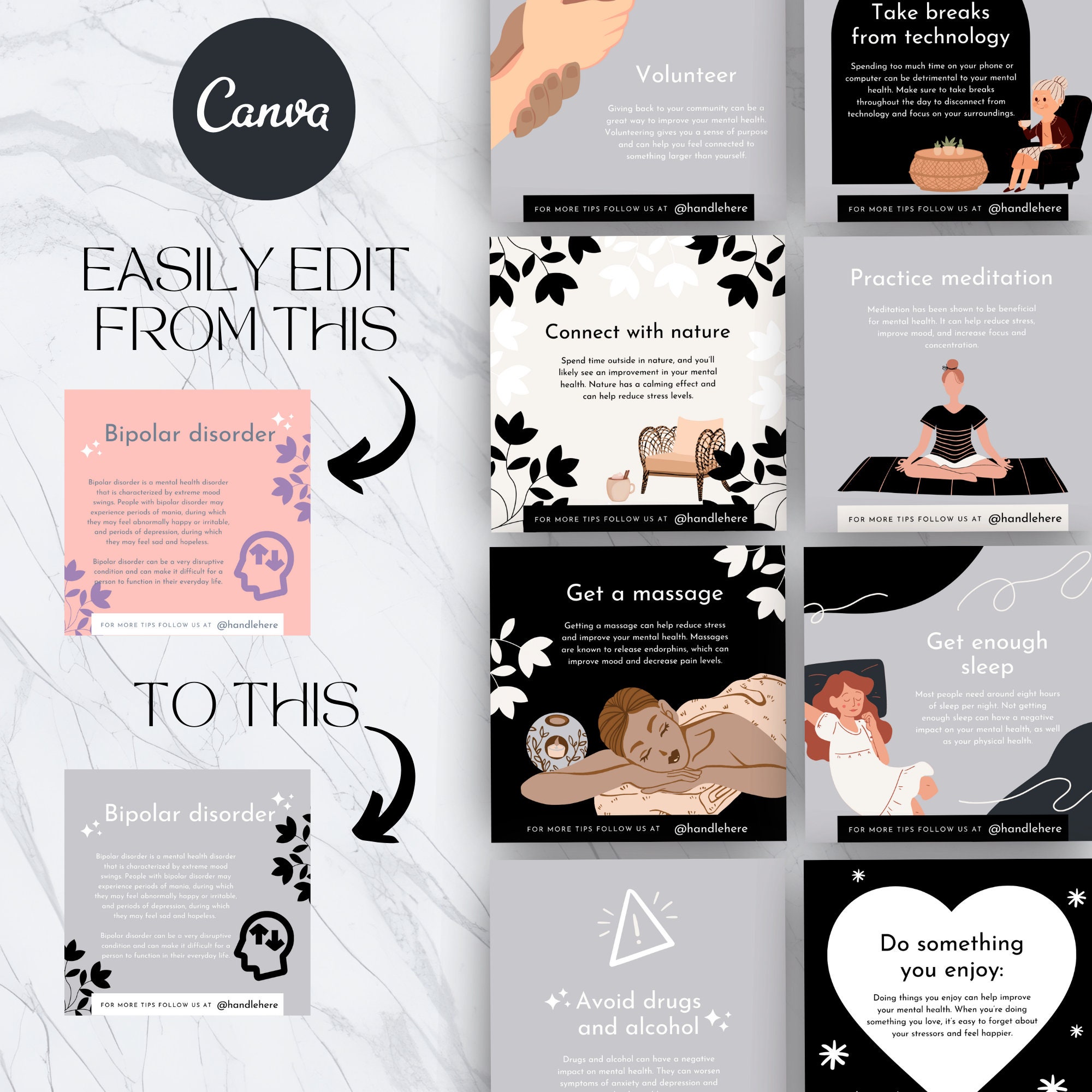 Mental Health Instagram Canva Bundle, Minimalist, Templates for Canva ...