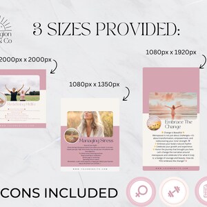 May include: A digital marketing graphic with three different size options, featuring images and text about managing stress and embracing change. The graphic includes the text "3 SIZES PROVIDED" and "45 ICONS INCLUDED".