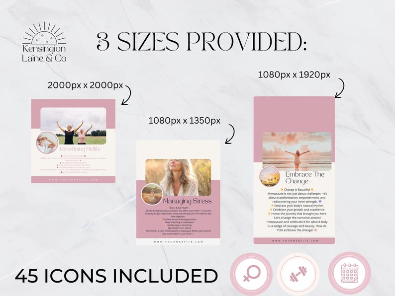 May include: A digital marketing graphic with three different size options, featuring images and text about managing stress and embracing change. The graphic includes the text "3 SIZES PROVIDED" and "45 ICONS INCLUDED".