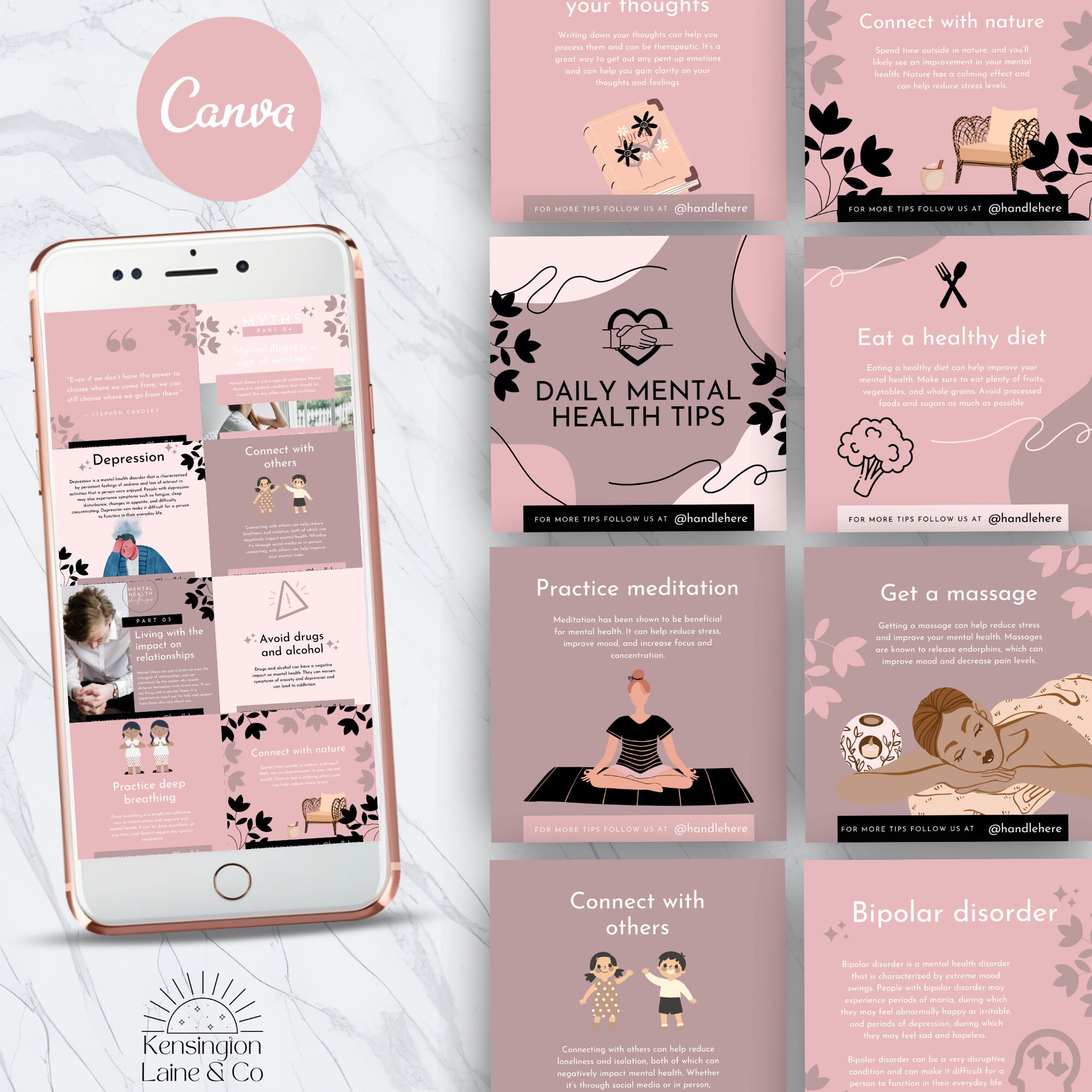 Mental Health Instagram Canva Bundle, Pastel, Templates for Canva, Grey ...