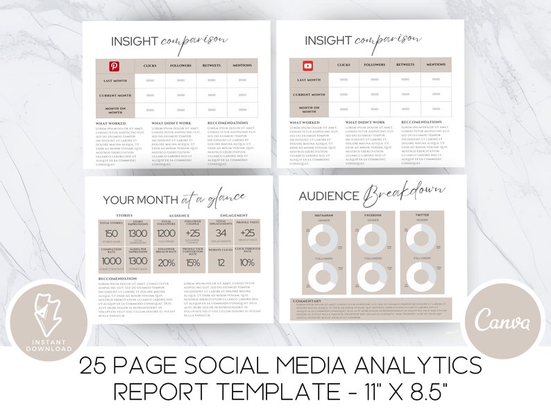 May include: A 25-page social media analytics report template in a light brown and white color scheme. The template includes sections for insight comparison, your month at a glance, and audience breakdown. The template is designed for use with the Canva platform.