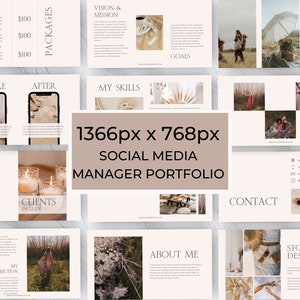 May include: A social media manager portfolio template with a beige background and images of nature. The template includes sections for services, packages, vision and mission, goals, my skills, clients, about the brand, my contribution, about me, contact, and story design.