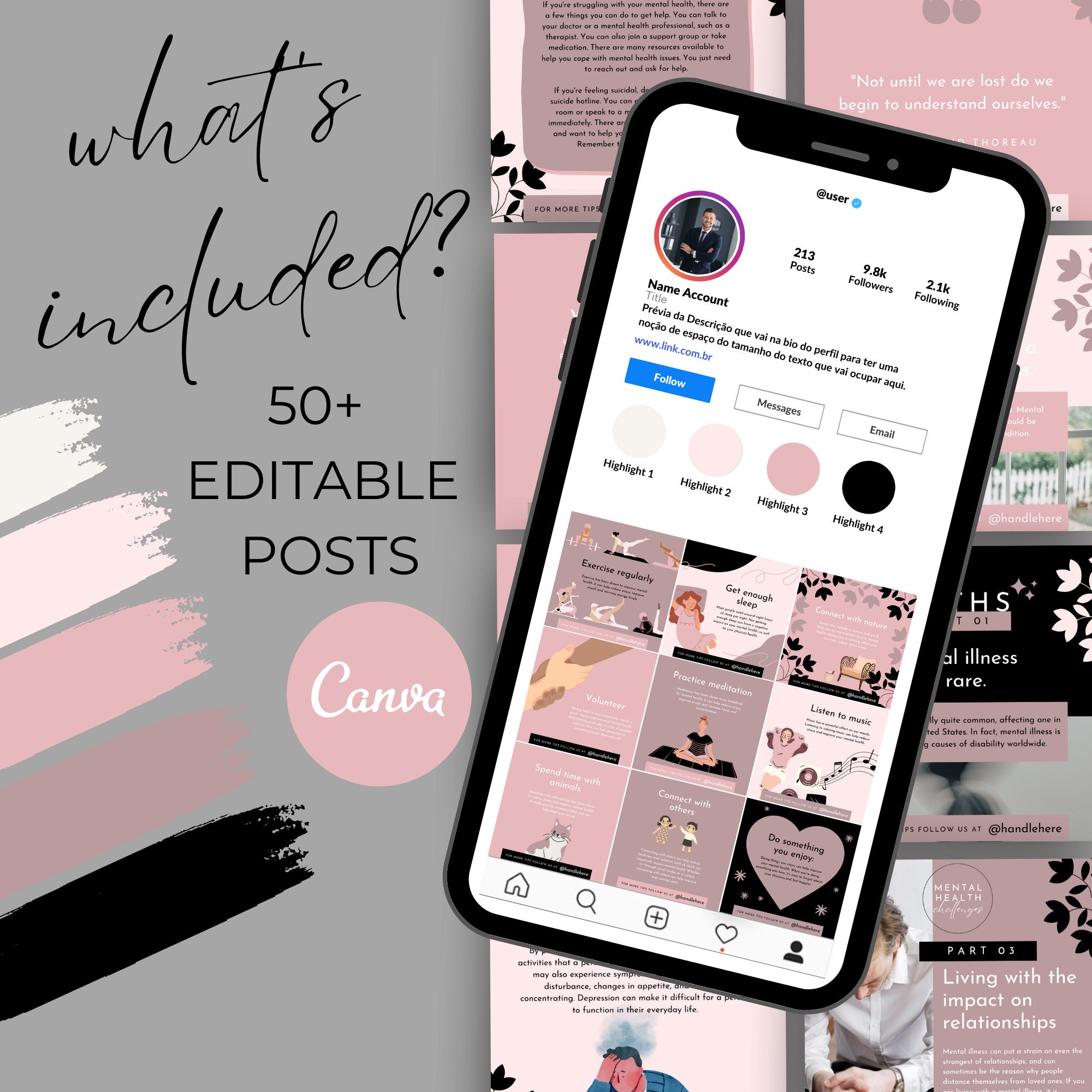 Mental Health Instagram Canva Bundle, Pastel, Templates for Canva, Grey ...