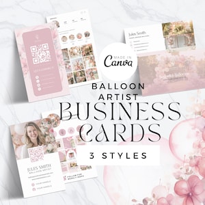 May include: Pink and white business cards for a balloon artist. The cards feature a QR code, social media handles, and the text "Balloon Artist Business Cards 3 Styles". The Canva logo is also visible.