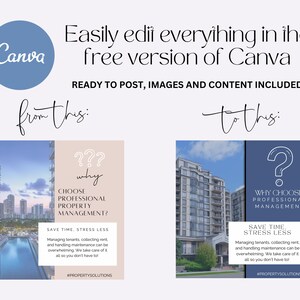 May include: A social media post template for a property management company. The template features a blue and white question mark with the text "Why Choose Professional Management?" and the text "Save Time, Stress Less" with a description of the benefits of using a property management company. The hashtag #PROPERTYSOLUTIONS is included at the bottom of the post.