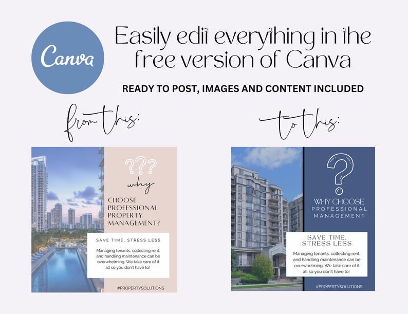 May include: A social media post template for a property management company. The template features a blue and white question mark with the text "Why Choose Professional Management?" and the text "Save Time, Stress Less" with a description of the benefits of using a property management company. The hashtag #PROPERTYSOLUTIONS is included at the bottom of the post.
