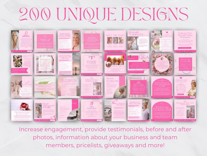 May include: A collage of 200 unique pink and white social media post designs. The designs feature a variety of images, text, and graphics. The text includes the words "200 Unique Designs" and "Increase engagement, provide testimonials, before and after photos, information about your business and team members, pricelists, giveaways and more!"