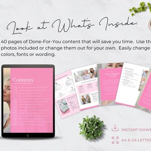 May include: A pink digital tablet displaying a table of contents for a digital planner. The text on the tablet reads "Contents - Embracing Your New Chapter". The tablet is surrounded by pink pages with text that reads "New Chapter of Life" and "Our Next Chapter".