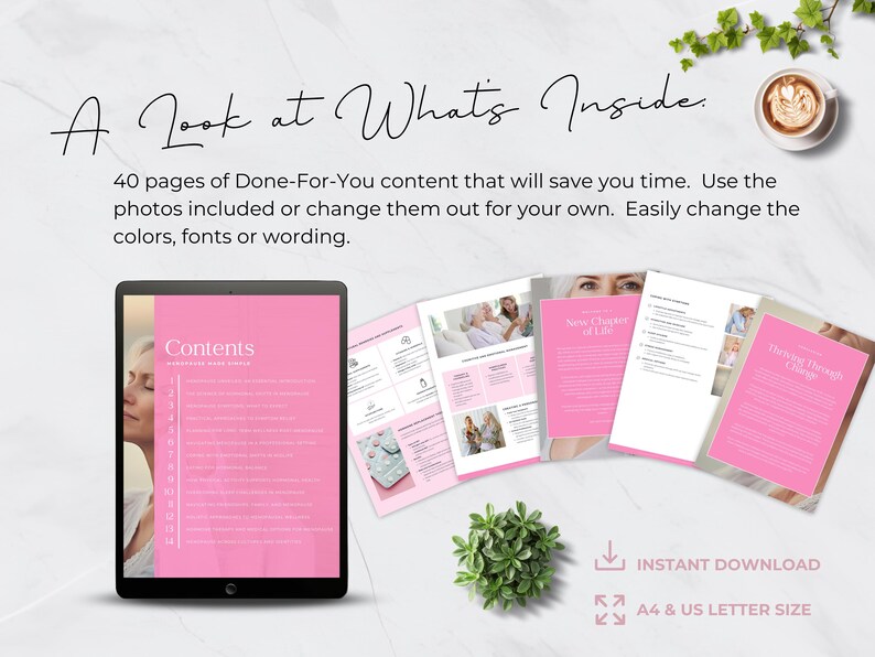 May include: A pink digital tablet displaying a table of contents for a digital planner. The text on the tablet reads "Contents - Embracing Your New Chapter". The tablet is surrounded by pink pages with text that reads "New Chapter of Life" and "Our Next Chapter".