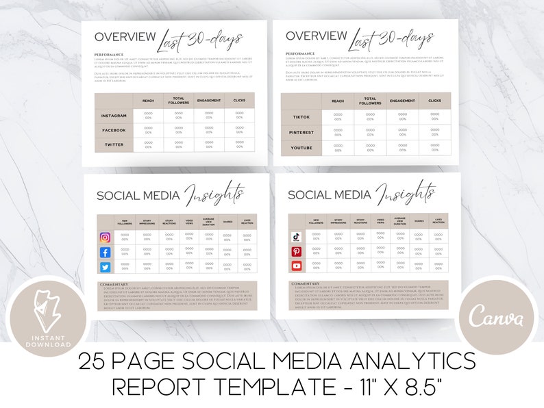 May include: A 25-page social media analytics report template in a light brown color scheme. The template is designed for tracking social media performance over the last 30 days. The template includes sections for overview, insights, and comments. The template is 11 inches by 8.5 inches.