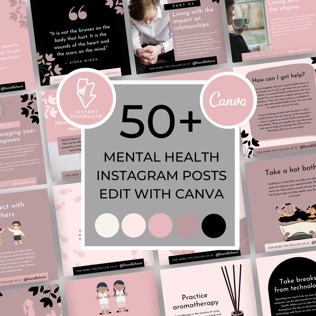 Mental Health Instagram Canva Bundle, Pastel, Templates for Canva, Grey ...