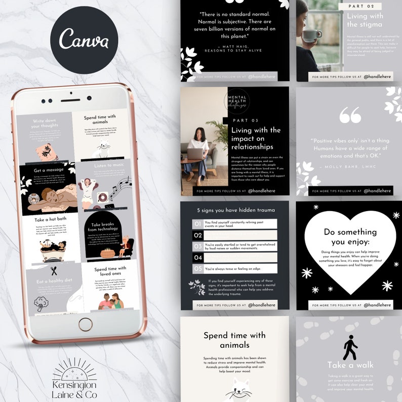 Mental Health Instagram Canva Bundle, Minimalist, Templates for Canva ...