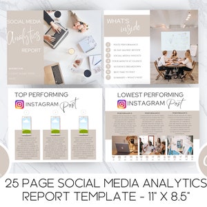 May include: A 25-page social media analytics report template in a beige and white color scheme. The template includes sections for posts performance, 30-day matrix review, social media insights, your month at a glance, audience breakdown, best time to post, and summary. The template is designed for use with Canva.