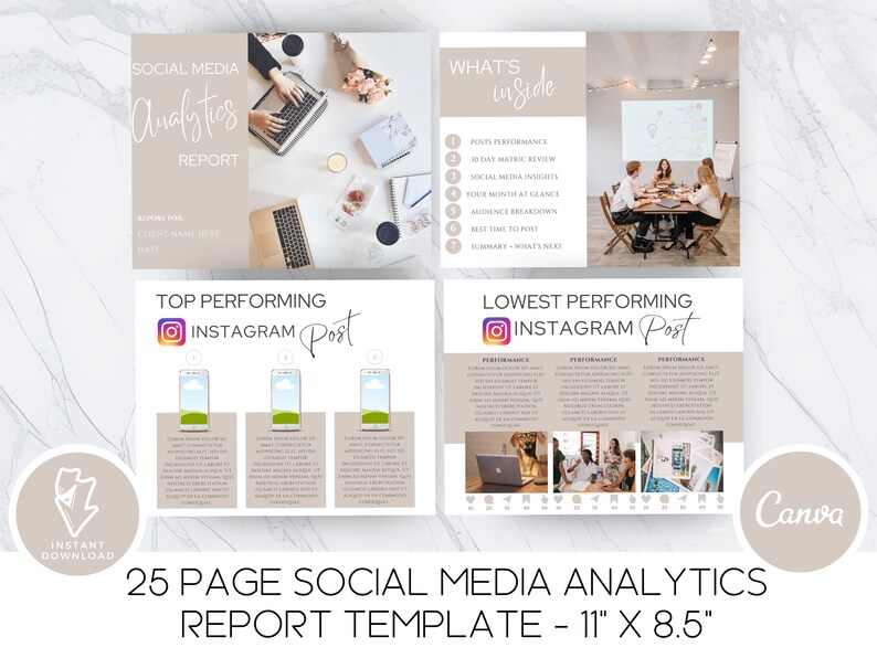 May include: A 25-page social media analytics report template in a beige and white color scheme. The template includes sections for posts performance, 30-day matrix review, social media insights, your month at a glance, audience breakdown, best time to post, and summary. The template is designed for use with Canva.
