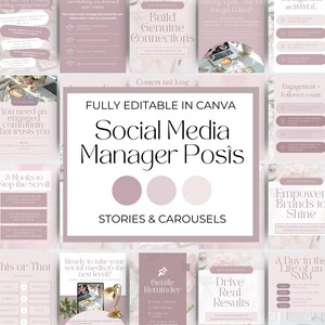 May include: A collection of social media templates in shades of pink and white, designed for use in Canva. The templates include text such as "Social Media Manager Posis", "Stories & Carousels", and various tips for social media management.