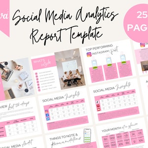 May include: A pink and white social media analytics report template with 25 pages. The template includes sections for top performing Instagram posts, audience insights, and social media audits. The template is designed to help businesses track their social media performance and make data-driven decisions.