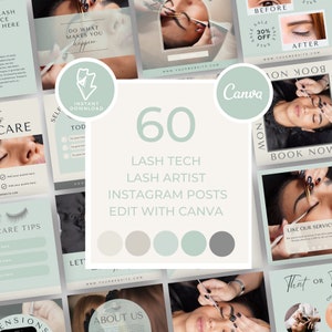 May include: A set of 60 customizable Instagram post templates for lash technicians and lash artists. The templates feature a variety of designs, including photos of models with lashes, text overlays, and color palettes. The templates are designed to be edited in Canva.