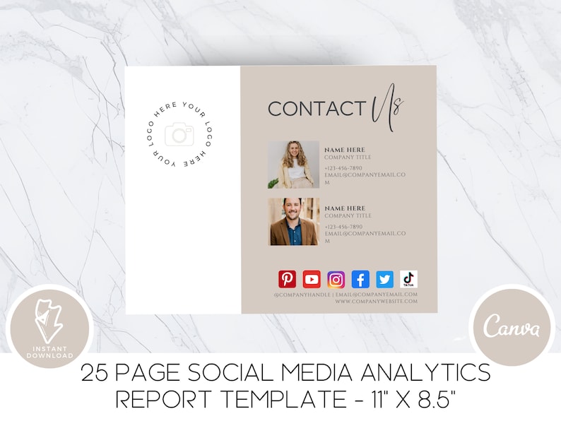 May include: A beige and white contact us card with a camera logo, two headshots, social media icons, and the text "CONTACT Us". The card also includes the text "25 PAGE SOCIAL MEDIA ANALYTICS REPORT TEMPLATE - 11" X 8.5"".