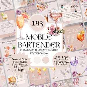 Social Media Templates for Mobile Bar, Editable Canva Designs for Bartenders, Event & Wedding Templates, Watercolor Drinks Menu Clipart